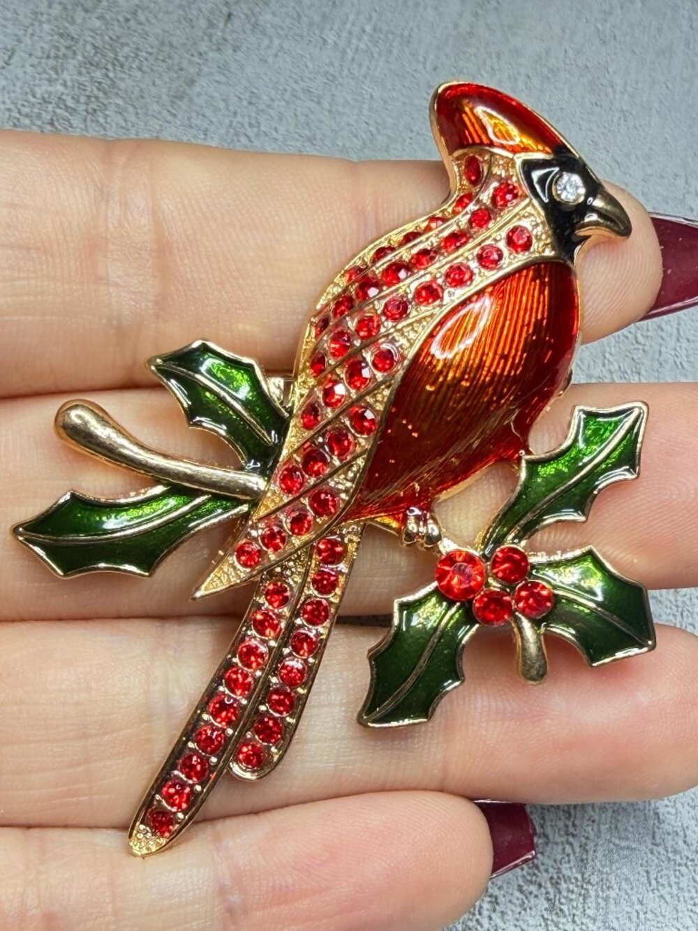 Cardinal Brooch Holly Branch Rhinestone Enamel Christmas